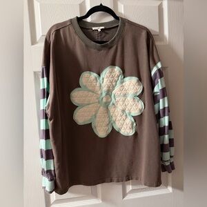 Brown Long-Sleeve Top with Mint Flower Applique
